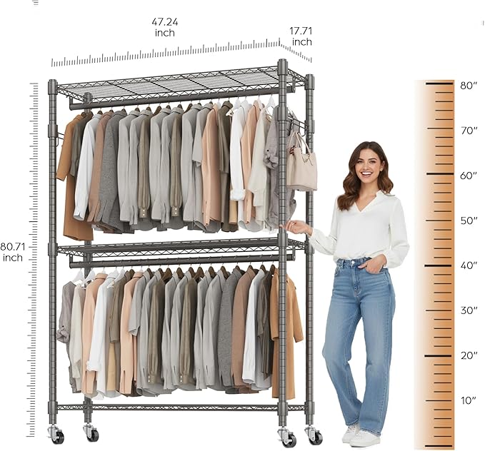 BATHWA Heavy Duty Garment Rack on Wheels, Rolling Clothes Racks for hanging clothes, Simple Sturdy Wardrobe Rack with Double Hanging Rods, 8 Side Hangers, Gray