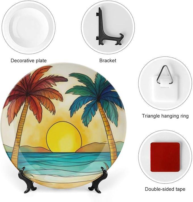 Palm Tree Theme Decorative Ceramic Plate Round Porcelain Plate,10 inch,Sunset Cartoon Pattern,for Decorative Ornaments Giving Plates,1 Plate with 1 Display Stand,Orange Blue