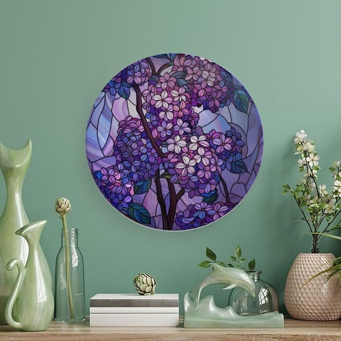 Stained Glass Theme Decorative Ceramic Plate Round Porcelain Plate,7 inch,Lilac Pattern,for Decorative Ornaments Giving Plates, 1 Plate with 1 Display Stand,Purple