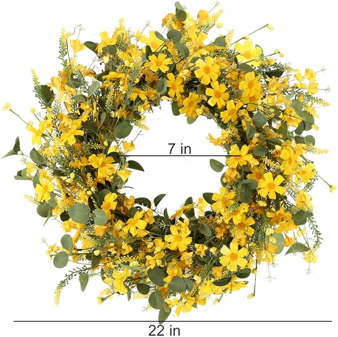 J'FLORU Artificial Spring Wreath 22 Inch Summer Wreaths for Front Door Yellow Daisy Wreath for Indoor Outdoor Home Decor and Easter Celebration