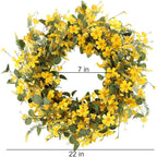 J'FLORU Artificial Spring Wreath 22 Inch Summer Wreaths for Front Door Yellow Daisy Wreath for Indoor Outdoor Home Decor and Easter Celebration