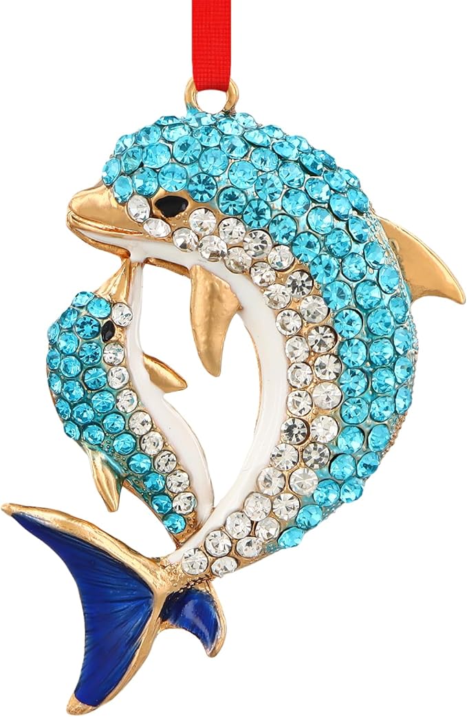 SICOHOME Dolphin Ornaments for Christmas Tree - Coastal Sea Ocean Hawaii Beach Themed Christmas Hanging Ornament with Rhinestones for Christmas Tree Gifts for Ocean Lover, Nautical Enthusiast - Blue
