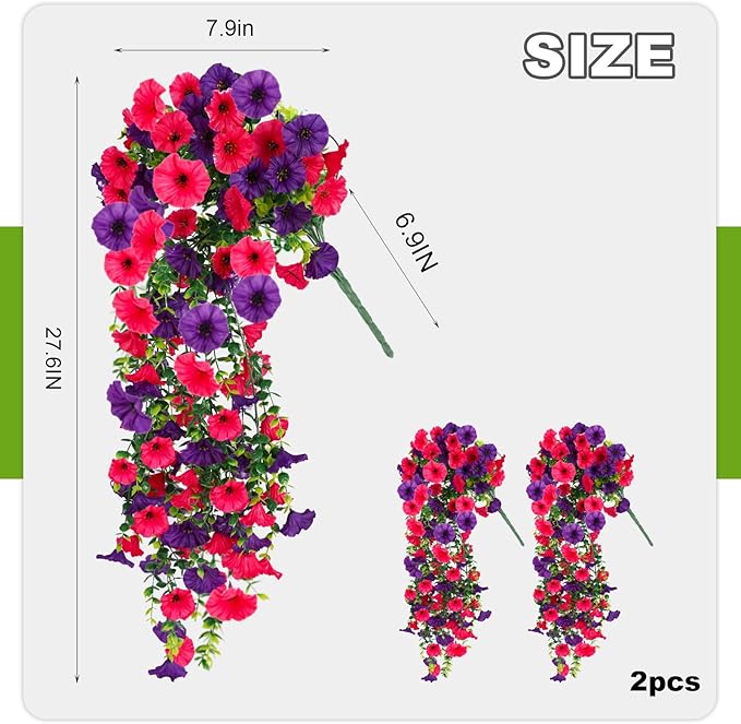 Fake Artificial Hanging Flowers for Outdoor, 2 PCS Silk Morning Glory Faux Flowers with Eucalyptus Leaves,Realistic Hanging Plants for Wedding Home Office Garden Decor