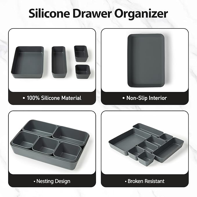 ISSEVE 8Pcs Nesting Silicone Drawer Organizer Trays, 4 Size Versatile Vanity Bathroom & Desk Drawer Organizer Set Storage Bins for Office,Kitchen,Nightstand,Black
