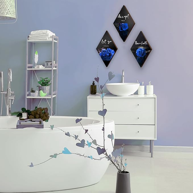 ZINYAZHE 3 Pcs Blue Bathroom Decor Rose Bedroom Wall Decor Farmhouse Inspirational Wood Office Wall Art with Accept Let Go Have Faith Sign for Girl Women Living Room(Blue Rose 12 x 7 Inch)
