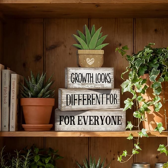 Lineshading 4 Pcs Inspirational Farmhouse Table Decor Growth Looks Different for Everyone Rustic Stacked Wooden Block Signs with Inspirational Quote Artificial Succulent for Home, Office, Shelf Gift