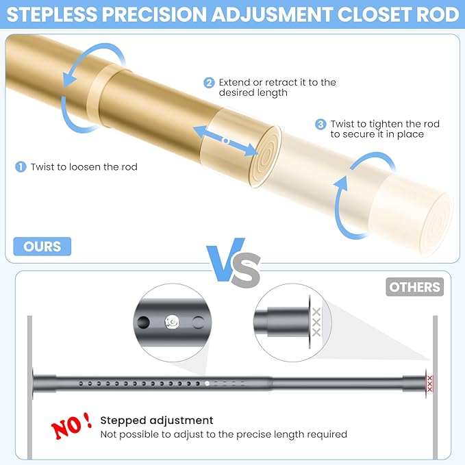 Closet Rods for Hanging Clothes, 17 to 99 Inch Heavy Duty Stepless Adjustable Closet Hanging Rod, 1.3 Inch Diameter Metal Closet Rod for Wardrobes Laundry Bedroom RV, Gold