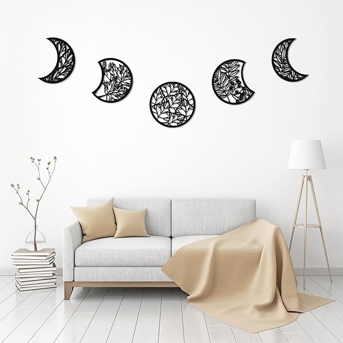 Jetec 5 Pcs Moon Phase Wall Art Decor Wall Pediments Hanging Wooden Phase Spiritual Bedroom Nordic Boho Lunar Aesthetic Art for Living Room Dorm Apartment Ornament(Dark Black,15.75 Inch,Botanical)