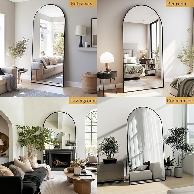 Dewfig Arched Full Length Mirror, 71"x30" Large Floor Mirror, Full Body Mirrors for Leaning or Hanging, Standing Mirrors for Bedroom, Living Room,Dressing Room, Aluminum Alloy Frame, Black