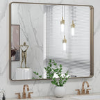 LOAAO 40”X32” Bronze Bathroom Mirrors for Vanity, Rounded Rectangle Brushed Bronze Metal Frame Mirror, Anti-Rust, Tempered Glass, Hangs Horizontally or Vertically
