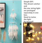 Dremisland Double Circle White Feather Dream Catcher with Mobile LED Fairy Lights Wall Hanging Ornaments Ceiling Decor for Bedroom Decor Wedding Decorations Boho Chic Party Nursery Decor