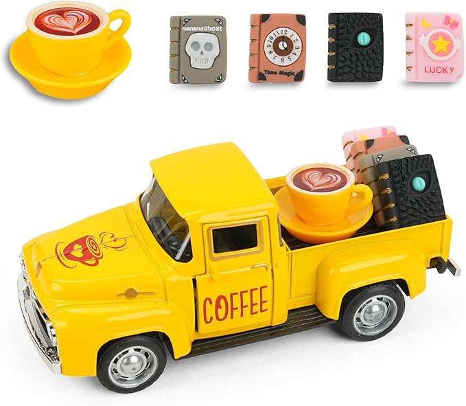Vintage Mini Metal Pickup Truck with The Coffee Decor and The 4 Books,for Home Farmhouse Kitchen Decor & Coffee Decorations (Coffee-Yellow)