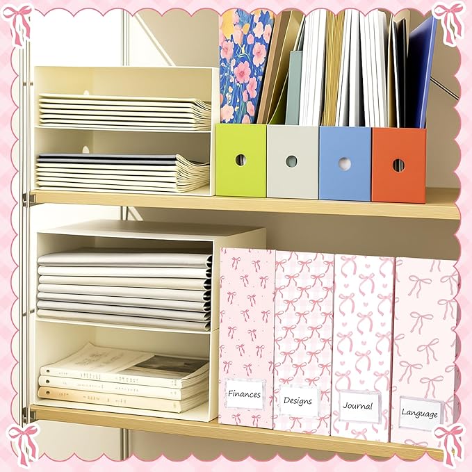 AmazingSpark Set of 4 Pink Bow Magazine File Holder Decorative Foldable Cardboard Magazine Storage Boxes with Acrylic Label Holders Coquettish Boho Organizer for Office Home Organization Storage