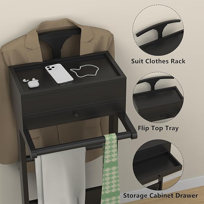Mens Valet Stand with Drawer, Tray, Shoe Shelf and Suit Rack, Wooden Clothing Rack for Men Women, Clothes Valet Stand for Bedroom Entryway