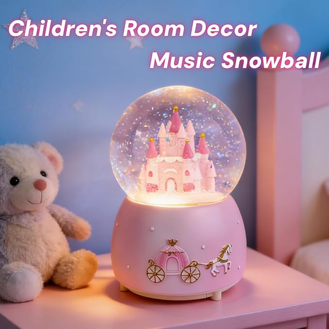 Pink Castle Snow Globes, Girls Music Snowglobes with LED 7 Colors Lights, Automatic Snow Fall Effect, Home Decor for Kids Room Essentials, Gifts for Birthday Christmas Valentines Mother's Day (Pink)