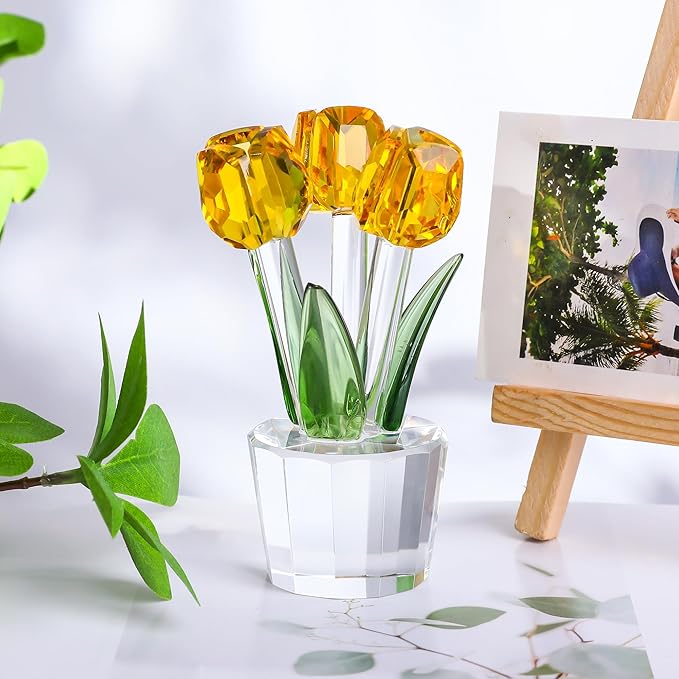 Movdyka Tulips Glass Flowers Figurines Crystal Decor Collectible Crystal Yellow Flowers Bouquet Ornaments Tulip for Women on Anniversary Wedding Christmas Valentines