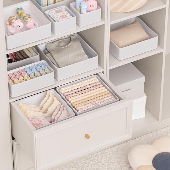 Vegan Leather Drawer Organizers,12 Pack Makeup Storage boxes,Vanity Drawer Luxury upgrade,Bedroom fabric Drawers replacement,bathroom organization and storage Optimal solution