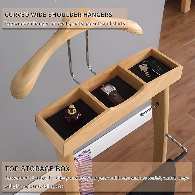 Suit Valet Stands for Women and Men Wooden Suit Valet Stand with Contour Hanger Trouser Bar and Top Storage Tray Contour Hanger Chair Valet for Entryway Bedroom(B)