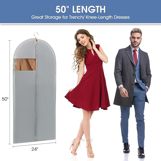 50" Garment Bag, Mens Suit Bags for Closet Storage and Travel, Garment Bags for Hanging Clothes, Foldable Suit Cover Bags with Clear Window for Coats, Jackets, Dresses - Gray/ 5 Packs