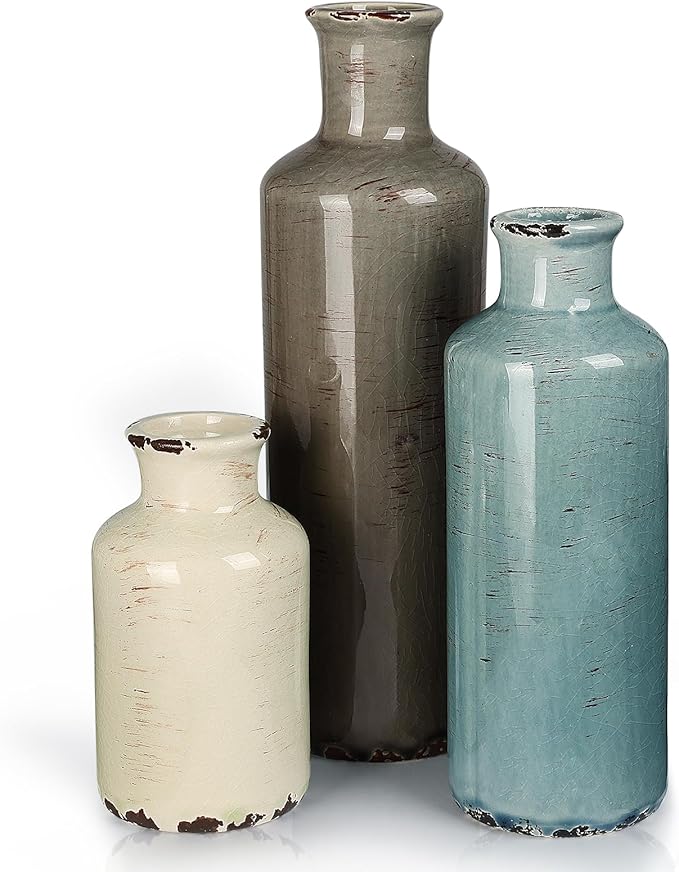 CUCUMI Ceramic Vases Set of 3, Rustic Coastal Vases Home Decor, Farmhouse Flower Vases Decor for Shelves, Ocean Beach Style, Mantle, Fireplace, Coffee Table, Shelf Decorations