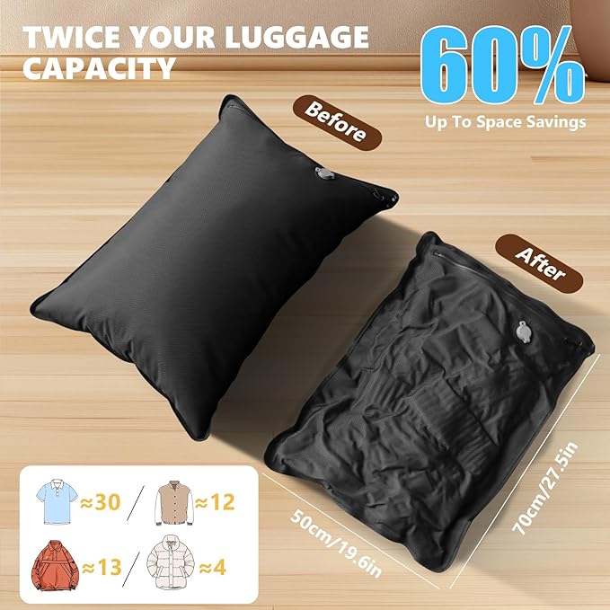2PC Professional Vacuum Bags for Travel, Dobaly IP67 Reusable Vacuum Compression Bags for Suitcases and Backpack Space Saver Vacuum Bags Lightweight&Durable(2 Large No Pump)