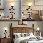 Set of 2 Touch Vintage Bedroom Leaf Table Lamps with 2 USB Ports | 3-Way Dimmable Nightstand Flower Lamps, Amber Glass Shade Rustic Lamp for Living Room Bedroom, LED Bulb Included (Bronze)