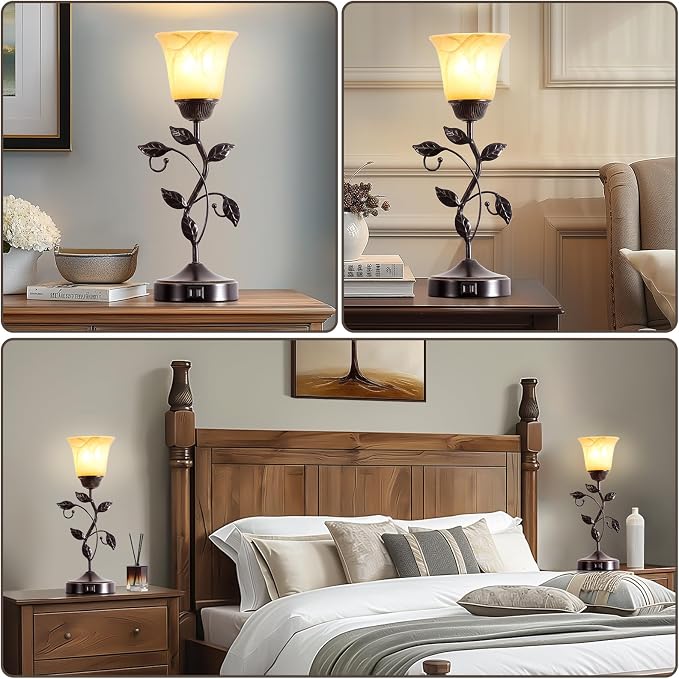 Set of 2 Touch Vintage Bedroom Leaf Table Lamps with 2 USB Ports | 3-Way Dimmable Nightstand Flower Lamps, Amber Glass Shade Rustic Lamp for Living Room Bedroom, LED Bulb Included (Bronze)