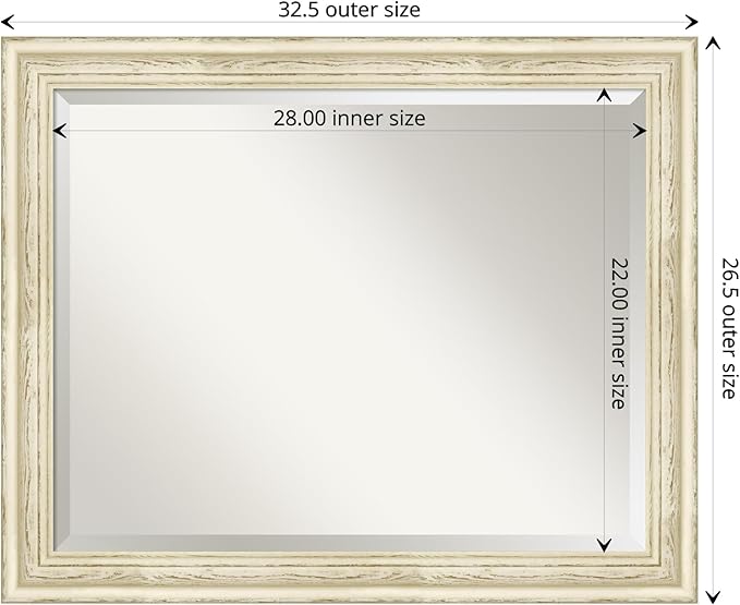 Amanti Art White Wall Mirror 26x32 Country White Wash Rectangle Bathroom Mirror for Wall Decor Living Room, Large Country Rustic Wood Frame, Hangs Horizonally and Vertically, Bathroom Decor, Beveled
