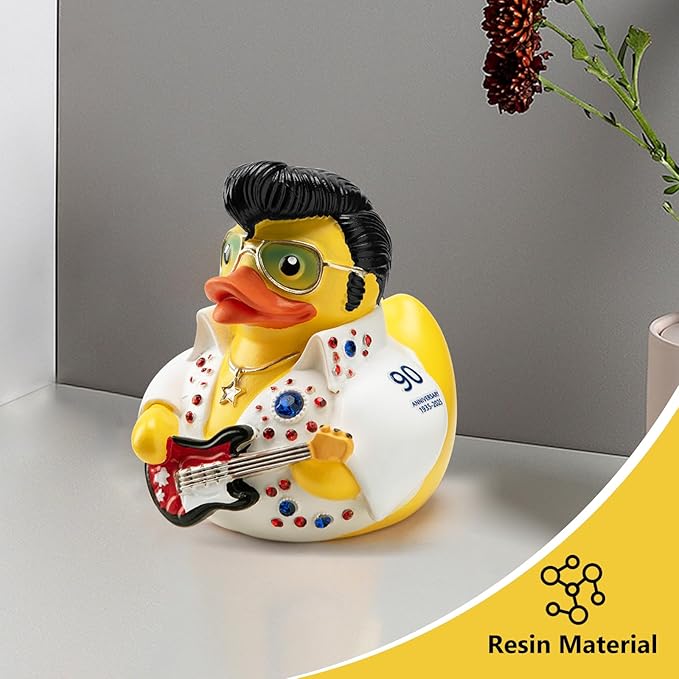 Elvis Duck Figurine, White Jumpsuit Design with Rhinestones, Decorative Collectible, 3.14 x 3.14 x 2.75 inches