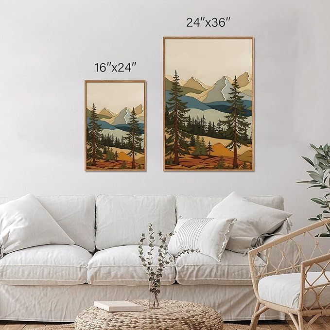 SIGNINART Vintage Mountains Framed Canvas Wall Art, Wooden Forest Wall Decor, Green Wood Pine Trees Wilderness Artwork, Natural Ridge Landscape Art Paintings for Living Room Bedroom Office 24"x36"x3