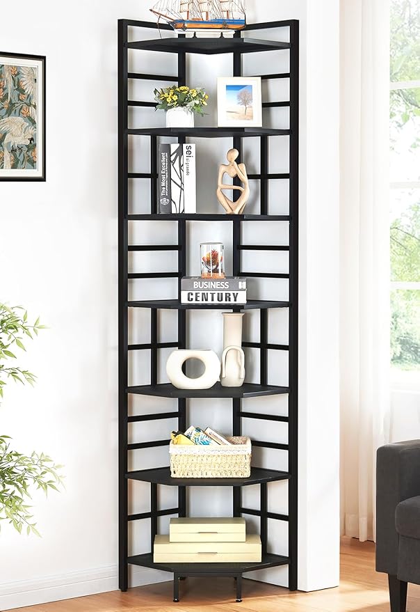 HOMISSUE Corner Shelf, 7 Tier Tall Narrow Bookshelf 82.6", Industrial Corner Bookcase with Storage for Home Office Living Room and Bedroom, Black