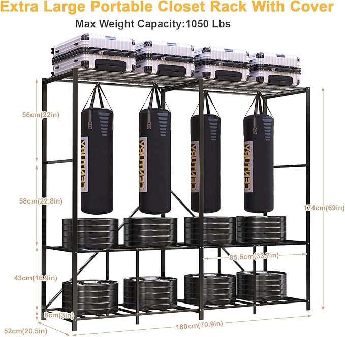 Premium Strong Heavy Duty Clothes Rack with Cover, 95% Assembled Freestanding Fordable Clothing Racks for Hanging Clothes, 71" Lx71 H,Black