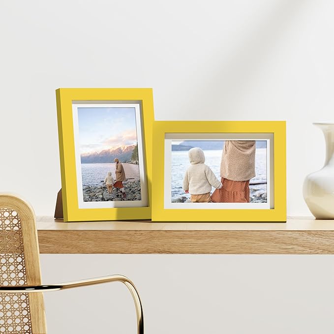 Vittanly 5x7 Picture Frames Set of 9, Shatter Resistant Plexiglass, Display 4x6 Pictures with Mat or 5x7 without Mat, Photo Frames for Wall or Tabletop, Engineered Wood, Yellow