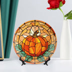 Thanksgiving Decorative Plates for Home Decor, Stained Glass Pumpkin & Leaves Decor Tray for Table Display, Ceramic Dinner Plate W/ Stand, Living Room Dining Room Decor, Housewarming Gifts, 8 Inch
