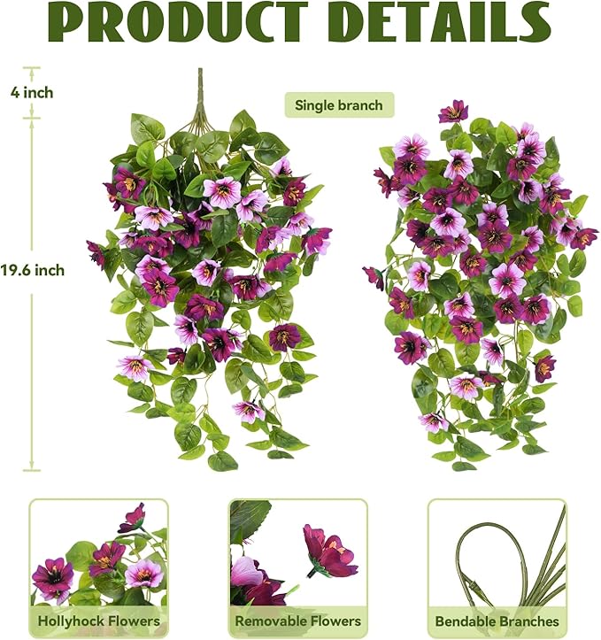 Fake Artificial Flowers Hanging for Outdoors Decor, 2 Bundles UV Resistant Faux Silk Flowers for Planters Porch Patio Window Yard Balcony Fence Decoration