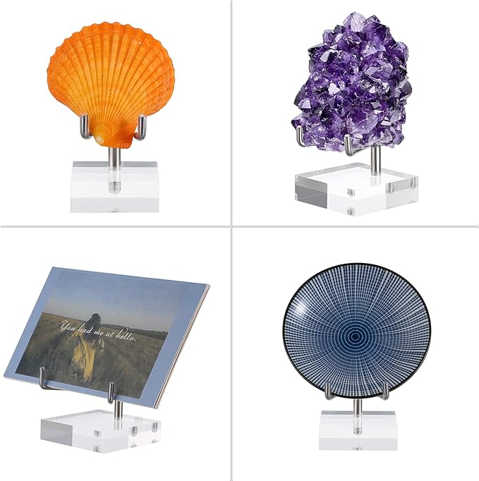 Hipiwe Adjustable Metal Arms Display Stand Easel with Acrylic Base Small Display Easel Holder for Fossil Coral Geodes Rock Mineral Agate Crystals Seashell and Small Collectibles, 1.6x1.6x3.1 inch