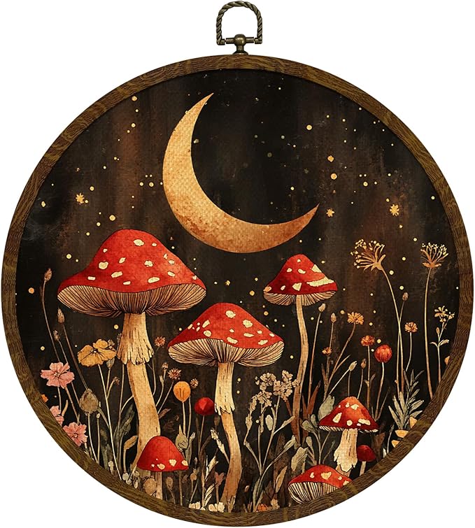 Vintage Mushroom Round Framed Wall Art Decor, Fantasy Forest Botanical Illustration Round Wall Hanging Decor, Retro Botanical Canvas Prints Wall Art for Bedroom Living Room 10x10 Inch(MG02)