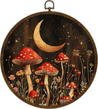 Vintage Mushroom Round Framed Wall Art Decor, Fantasy Forest Botanical Illustration Round Wall Hanging Decor, Retro Botanical Canvas Prints Wall Art for Bedroom Living Room 10x10 Inch(MG02)