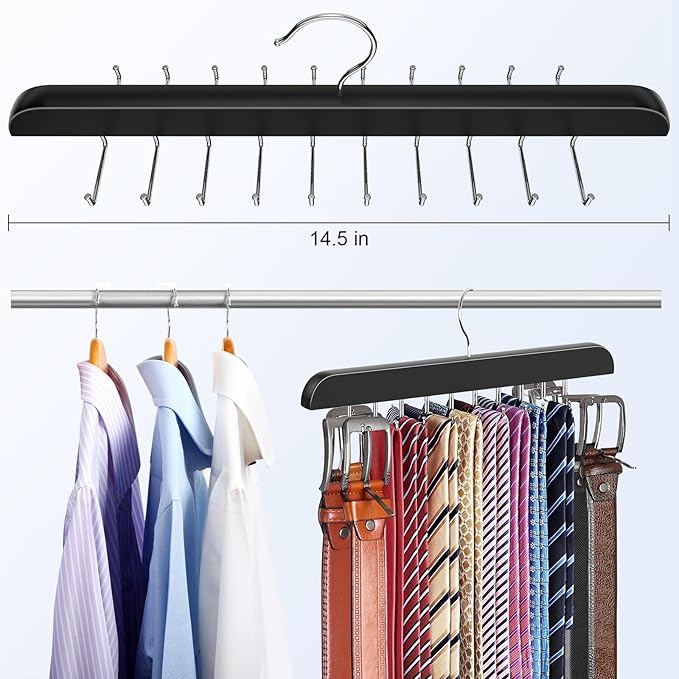 Upgraded Tie Rack Hanger with 20 Foldable Metal Hooks, Space Saving Necktie Organizer for Men – Large Capacity Tie and Belt Wooden Hanger for Closet - Black
