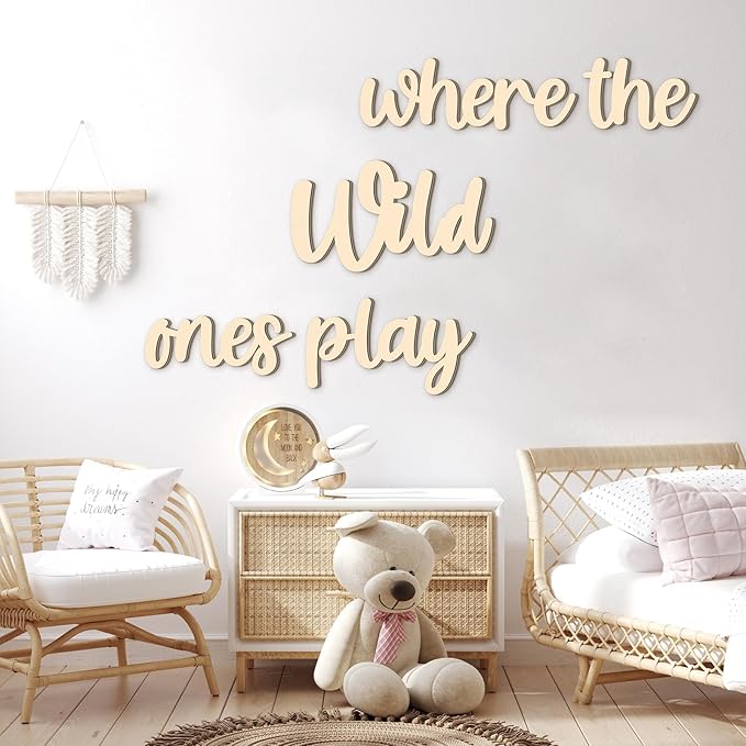 Kigley 5 Pcs Playroom Wall Decor 15.4" x 18" 3D Where The Wild Ones Play Nursery Sign Wooden Wall Art Decoration for Kids Toddler Room Decor Boys and Girls Kindergarten Bedroom Word Sign(Wood Color)
