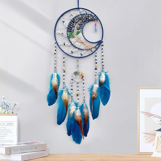 Tree of Life Dream Catchers, Handmade Woven Rainbow Healing Crystal Stone Dream Catcher Wall Hanging Ornament for Bedroom Living Room Wedding Party Decor, Festival Blessing Gift (Blue Moon)
