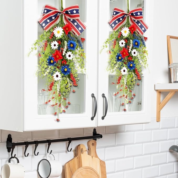24inch Patriotic Red, White and Blue Floral Swag Wreath for Front Door Patriotic American Floral Teardrop Swags 4th of July Independence Day Rings Wreaths for Pillars Porch Wall Window Decor