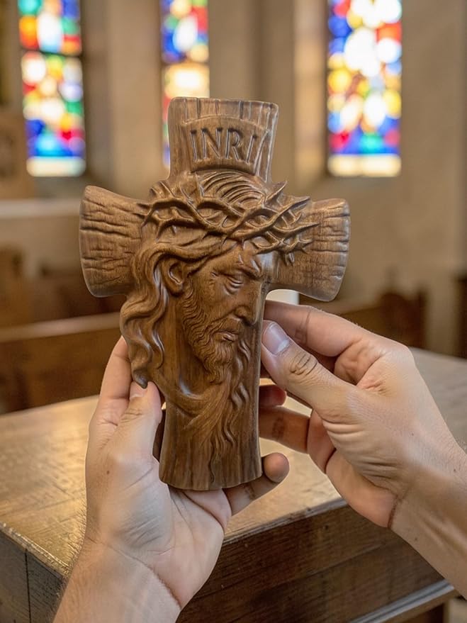 DAICAT Handcrafted Wooden Crucifix Wall Cross, Catholic Jesus Cross, Religious Wall Decor, Dark Brown Christian Cross for Home, Prayer Room, Church, Decor Dark Brown (Jesus 03)