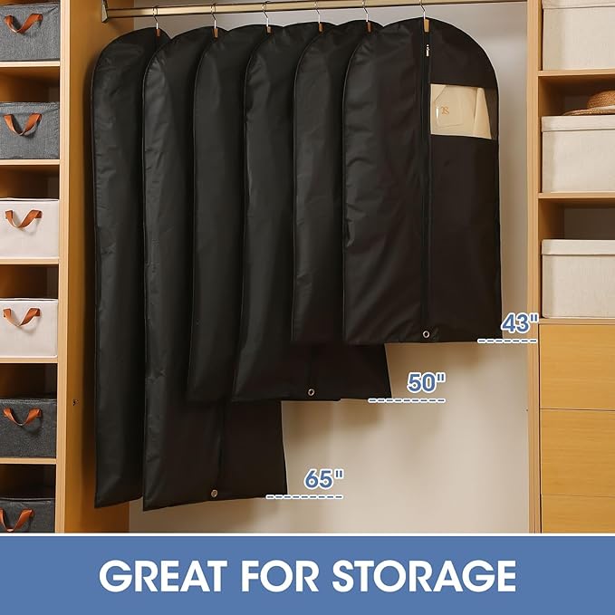 Garment Bags for Hanging Clothes, 50'' Long Dress Bags for Closet Storage, Black Garment Covers with Clear Window for Suits, Coats, Jackets（2 Packs）
