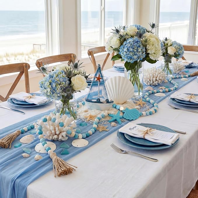 Janinka 2 Pcs Farmhouse Seashell Bead Garland with Tassels Decorative Beads Decor Nautical Farmhouse Tiered Tray Decorations Set Coastal Garland for Home and Kitchen, Wooden Beads (Blue)