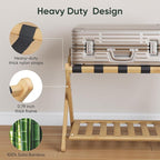 Fully Assembled Bamboo Luggage Rack, Heavy Duty Folding Suitcase Stand with Storage Shelf, Guest Room Essentials, Ideal for Bedroom, Hotel, Natural