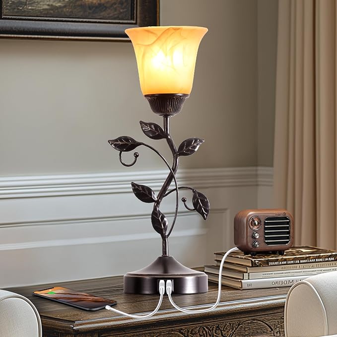 Set of 2 Touch Vintage Bedroom Leaf Table Lamps with 2 USB Ports | 3-Way Dimmable Nightstand Flower Lamps, Amber Glass Shade Rustic Lamp for Living Room Bedroom, LED Bulb Included (Bronze)