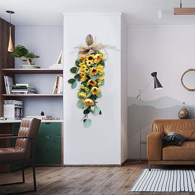 Artificial Sunflower Teardrop Swag, Spring Sunflower Swag, Summer Teardrop Wreath, Sunflower Flowers Wall Hanging, Artificial Eucalyptus Teardrop Swag for Front Door Home Party Wedding Decor(#1)