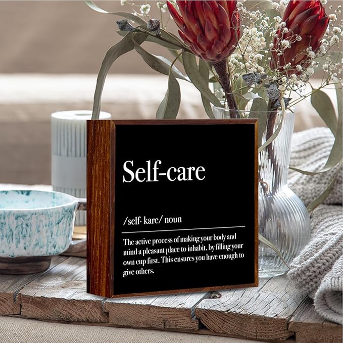 Inspirational Wooden Box Sign Mental Health Rustic Office Desk Decoration Gifts Wood Plaque Home Shelf Table Decor Self Care Must Haves (Black)