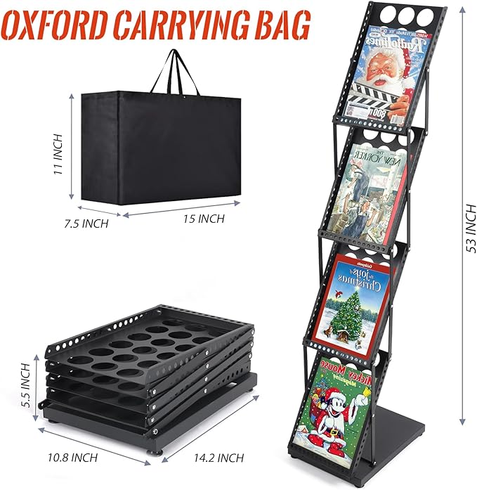 Literature Catalog Rack, Foldable Magazine Brochure Display Stand, Magazine Floor-Standing with Portable Oxford Bag, for Office Store and Exhibition Trade Show (4 Pockets, Black)